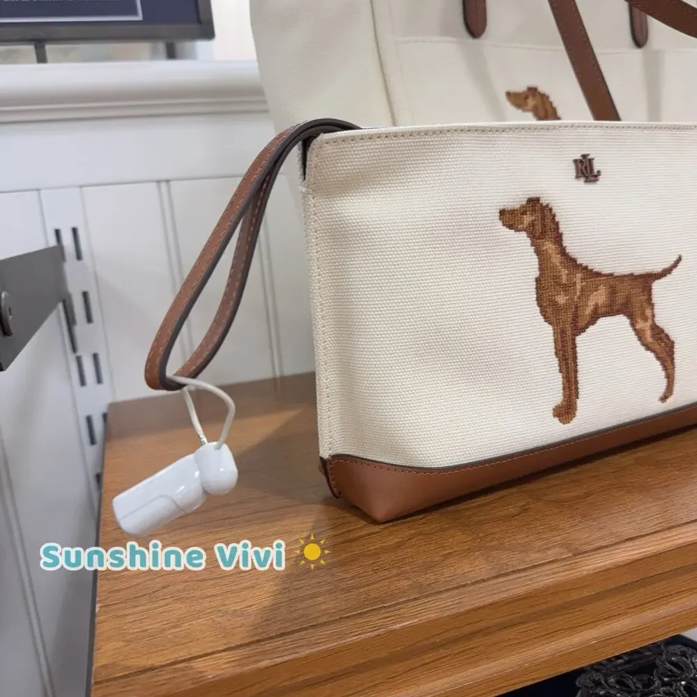 NWT Ralph Lauren Embroidered Dog Canvas Zip Pouch Brown Dog CREAM/TAN